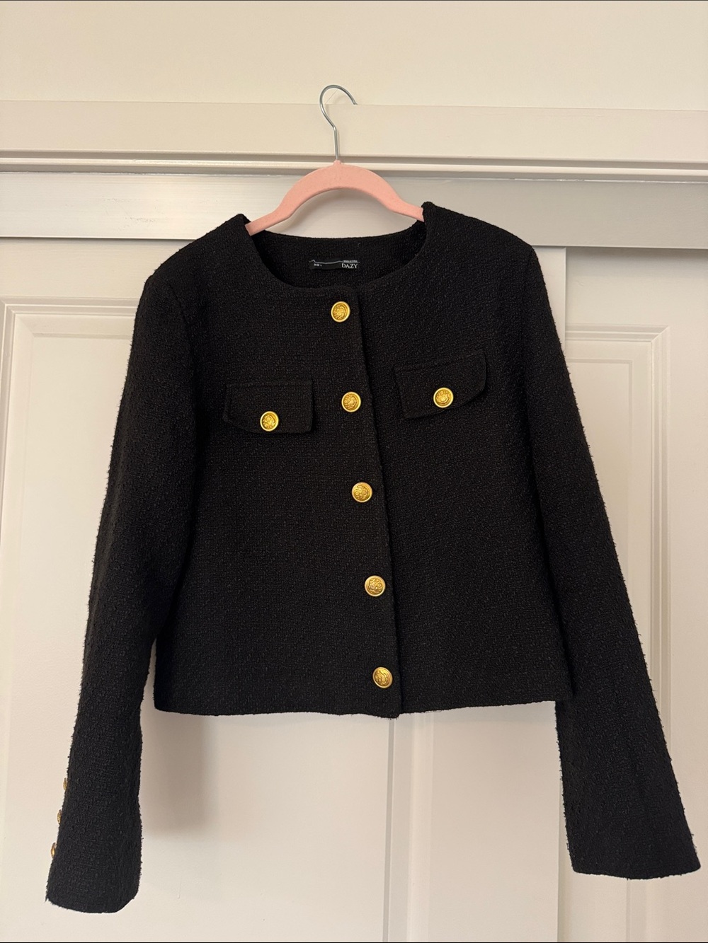 Black Tweed Bouclé Button-Front Jacket with Gold Buttons